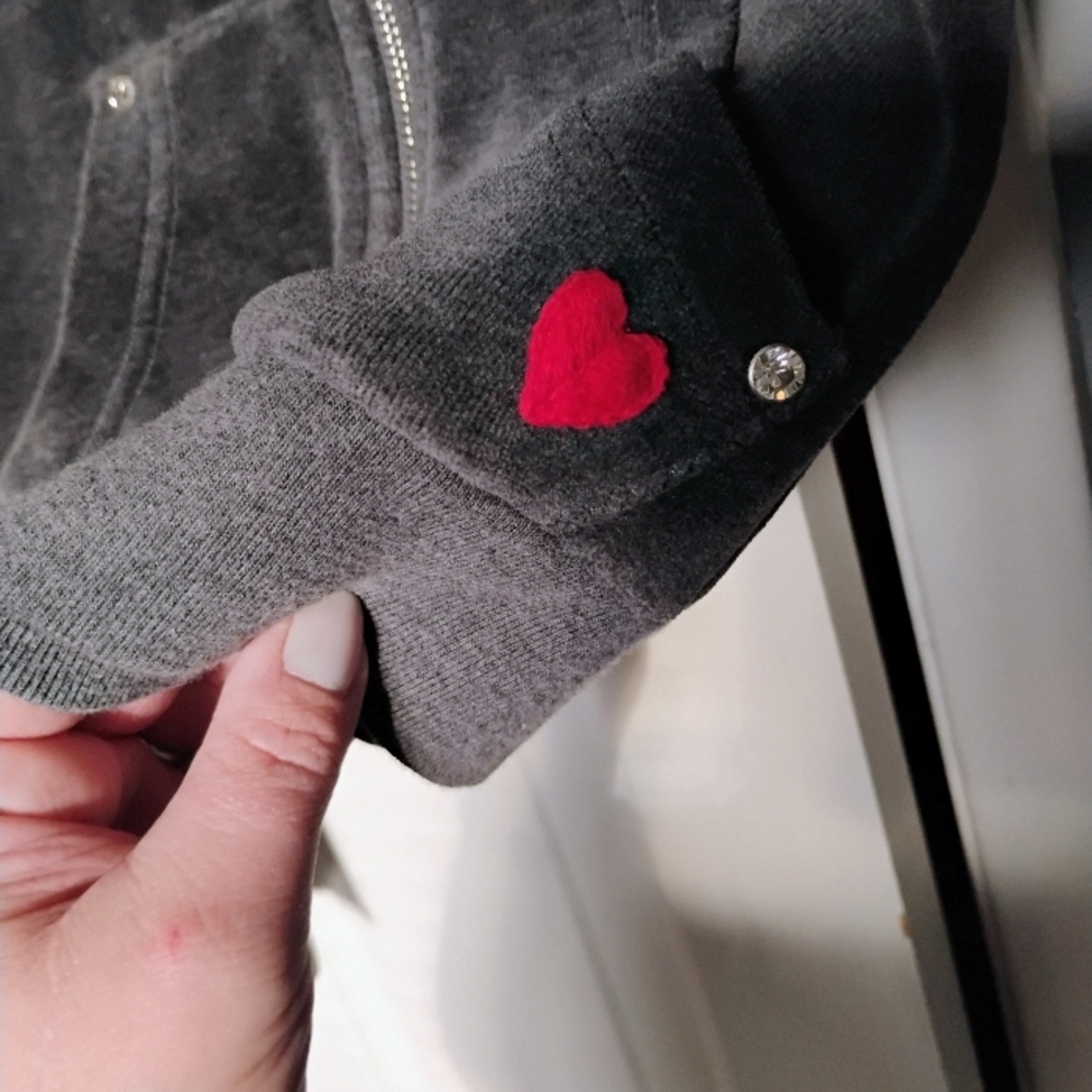 VINTAGE OOAK Dark Gray Velour Hoodie w/Rhinestones & Satin Details Size Small ❤️ - Picture 6 of 9